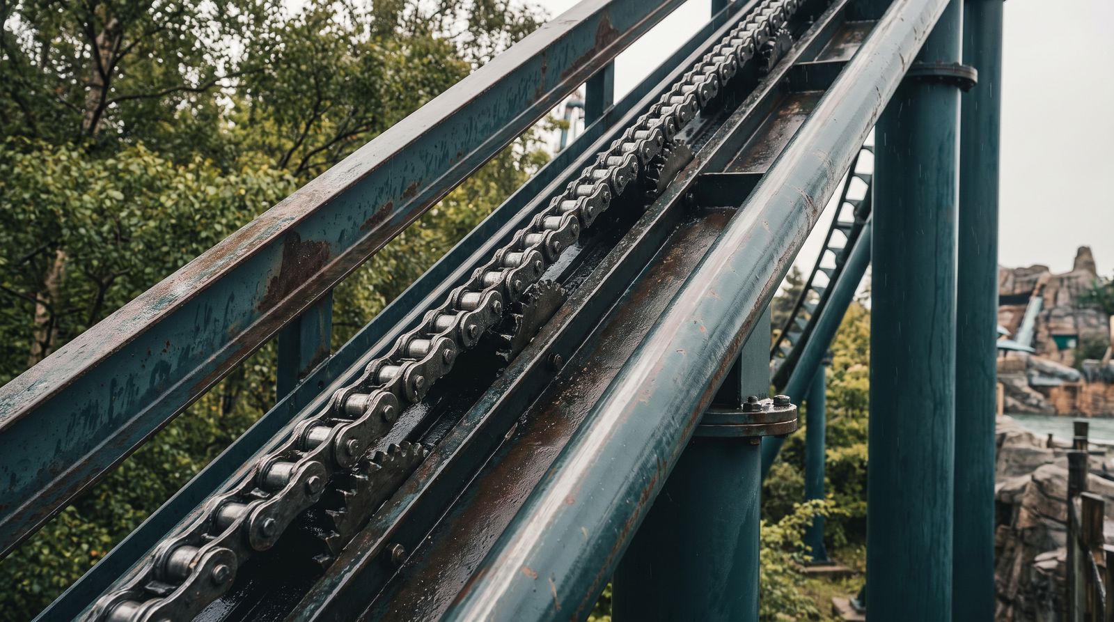 Close-up of a dark teal tubular steel coaster lift hill with the chain and anti-rollback dogs visible against green trees