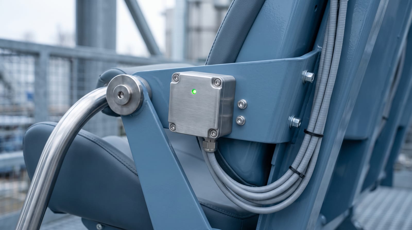 Close-up of a small ride restraint proximity sensor with a glowing green indicator light, mounted beside a lap bar pivot mechanism, representing the per-seat sensor that reports a locked restraint to a coaster's dispatch system