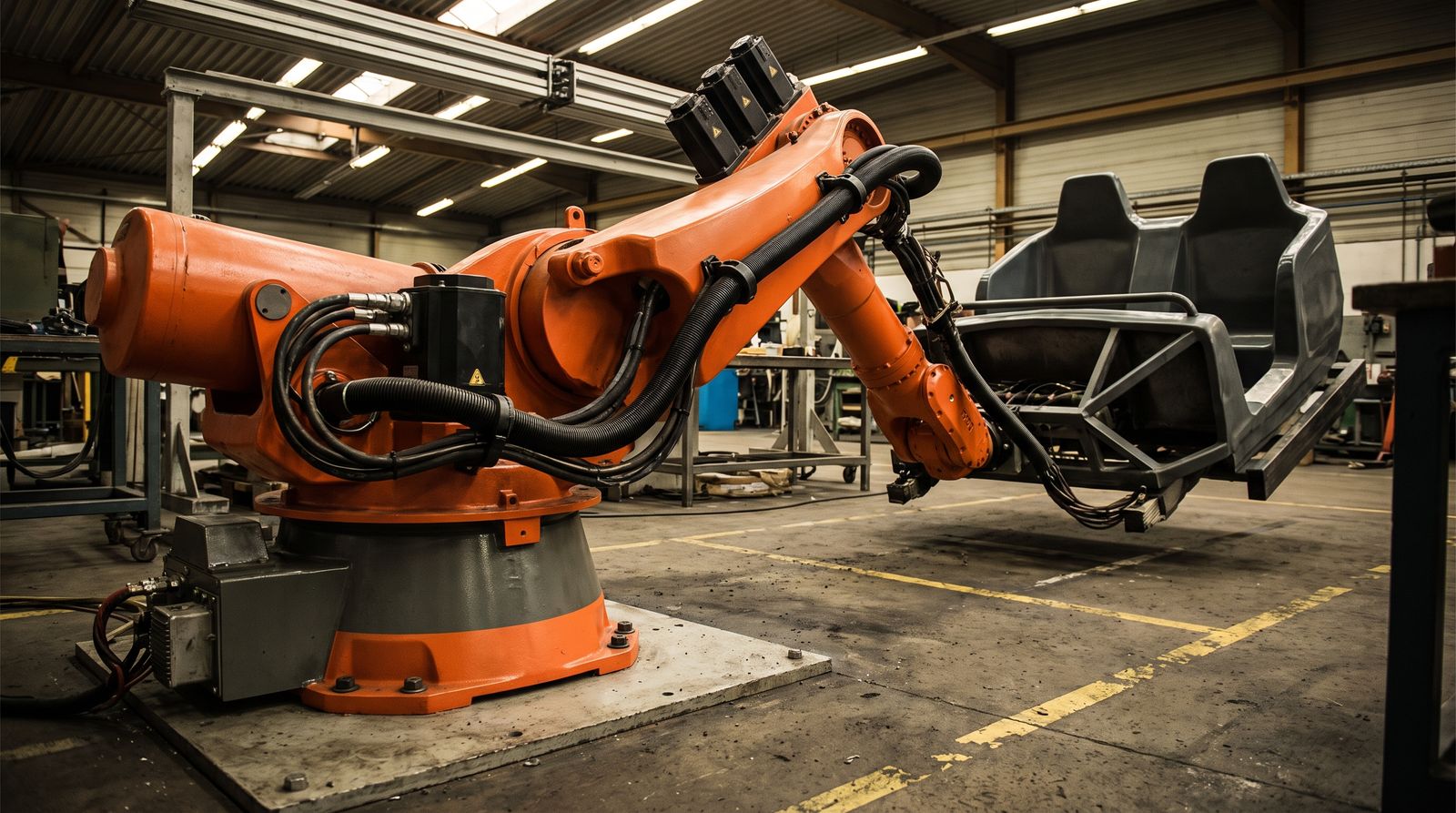 Close-up of a motion-simulator theatre's hydraulic actuator base beneath a seating pod, articulated joints and hoses visible in a workshop setting